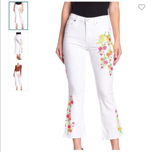 7 For All Mankind 7FAMK Neon Floral Embroidery Flare White Cropped Kick Jeans 28 - Picture 7 of 15